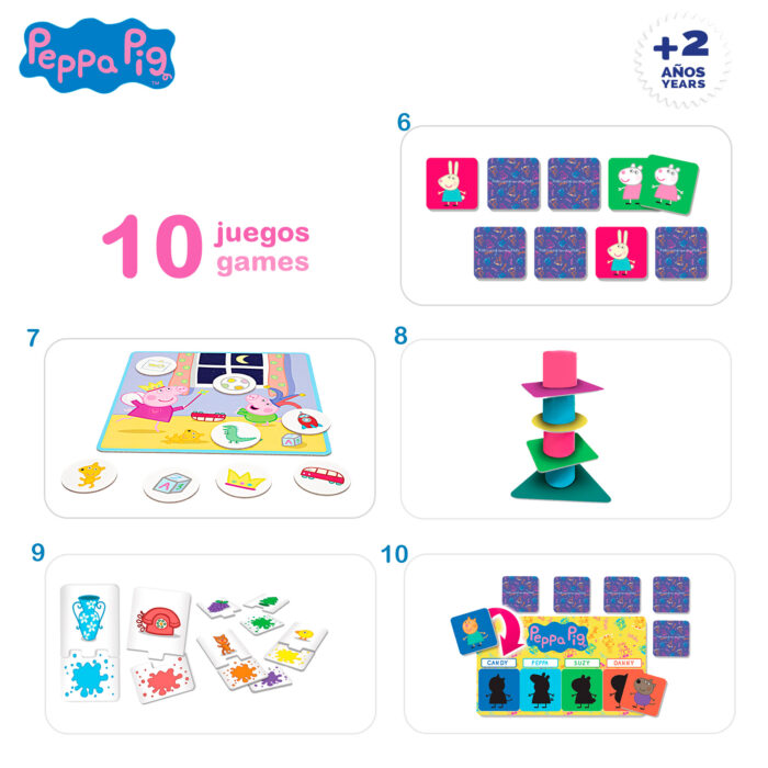 Peppa Pig - Set 10 juegos educativos para niños, Incluye fichas de cartón y cilindros de plástico, Regalo a partir de 2 años