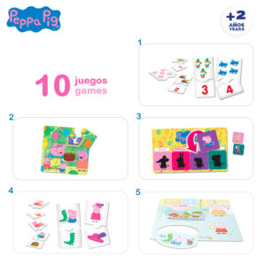 Peppa Pig – Set 10 juegos educativos para niños, Incluye fichas de cartón y cilindros de plástico, Regalo a partir de 2 años