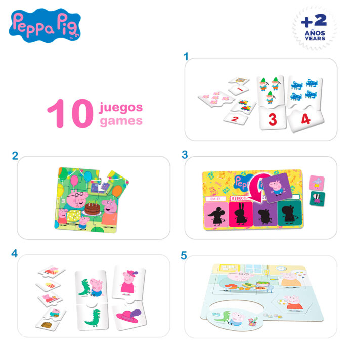 Peppa Pig - Set 10 juegos educativos para niños, Incluye fichas de cartón y cilindros de plástico, Regalo a partir de 2 años